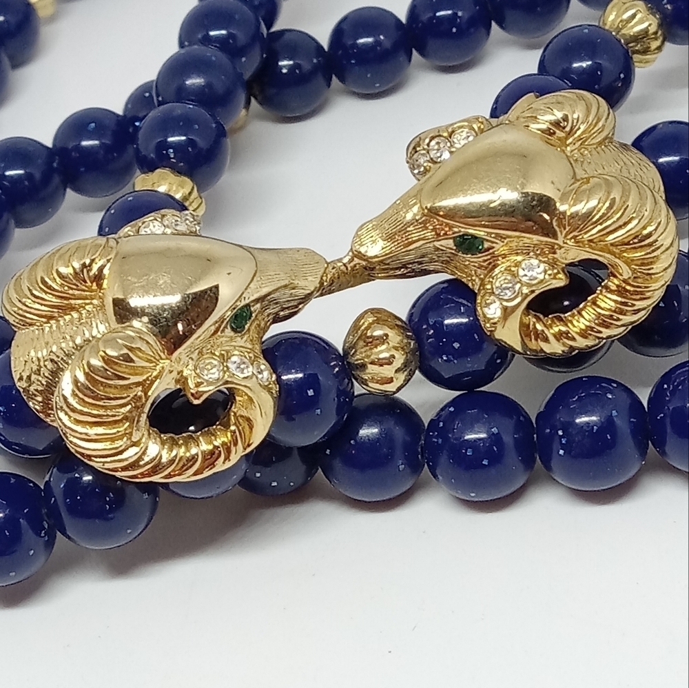 * vintage Kenneth Lane KJL Avon Rams Head blue glitter bead necklace 2 strand - Picture 2 of 6